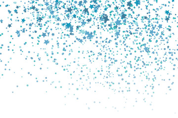 Stars blue glitter confetti isolated on blurred abstract white background. Festive holiday background. Celebration concept. Falling magic gold particles. Invitation mock up. Top view, flat lay