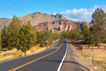 Mountain landscape with the road near Smith Rock State Park in Eastern Oregon.