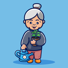 cute cartoon gardener granny with watering can and flower