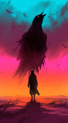 Heroic silhouette [energetic aura around him] standing next to a Woodcock,illustration,created with Generative AI Technology