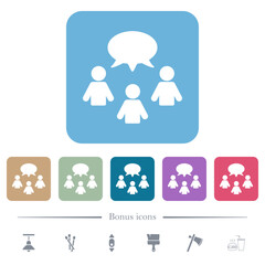 Three talking persons with oval bubble solid flat icons on color rounded square backgrounds