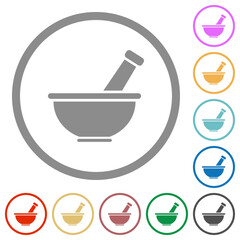 Mortar and pestle solid flat icons with outlines
