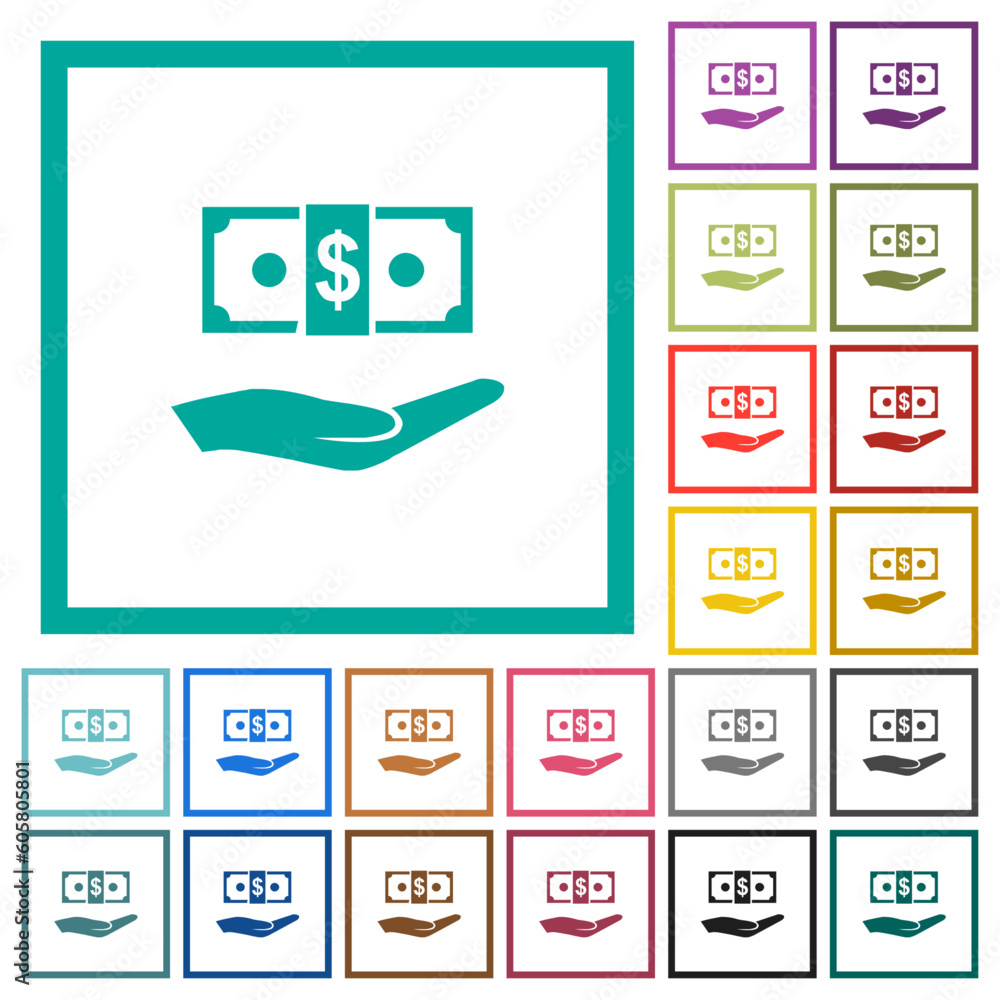 Poster palm and dollar banknote flat color icons with quadrant frames