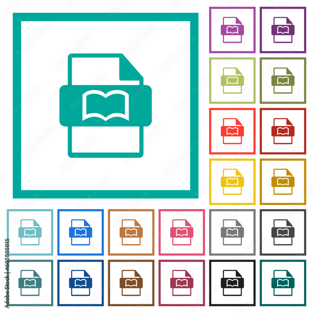 Poster book file type flat color icons with quadrant frames