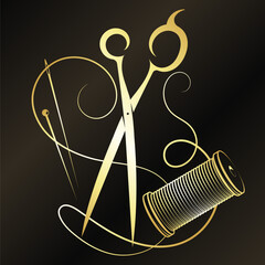 Gold scissors needle and thread and spool. Design for seamstress and tailor
