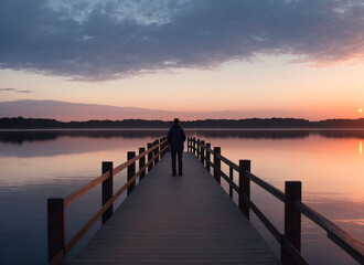 Fototapeta na wymiar A man stands on the dock at dawn. Generative AI