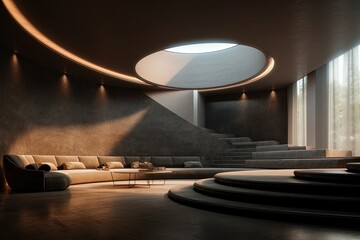 Discover the sleek simplicity of this modern living room, seamlessly blending with puristic minimalism. The polished diorite floor adds a touch of refinement, while hyperrealism captures every detail 