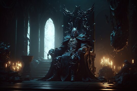 An eerie dark fantasy throne room with a dark lich lord siting at the center, facing the undead legion