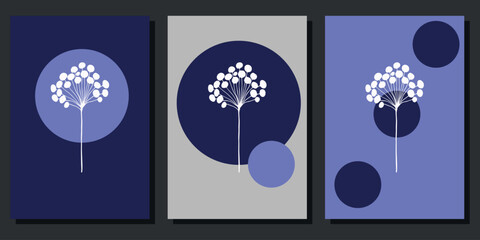 Set of creative minimalist posters with botanical elements and blue shapes. For interior decoration, print and design