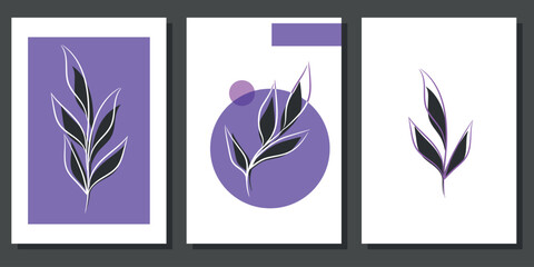 Set of creative minimalist illustrations with botanical elements and purple shapes. For interior decoration, print and design