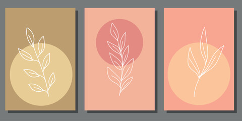 Set of creative minimalist paintings with hand drawn botanical elements. For interior decoration, print and design