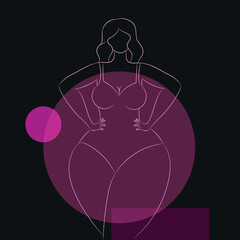 Faceless curvy female in a swimsuit contour on a black background with pink geometric shapes. Body positive and female beauty. Hand drawn vector art