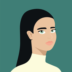 Portrait of a half turn beautiful young brunette woman. Fashion and beauty. Female. Avatar for social networks in flat style
