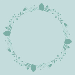 Blue floral outline round frame. Botanical template with flowers