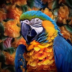 Obraz premium Enchanting Blue and Gold Macaw, a Majestic Beauty Amongst Tropical Blooms