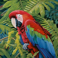 Fototapeta premium Captivating Green-Winged Macaw in a Tropical Canopy, A Glimpse of Paradise