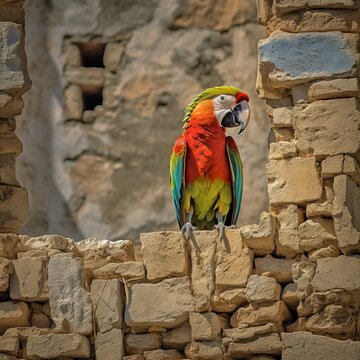 Radiant Red-Fronted Macaw Perched on Ancient Ruins, A Window to History