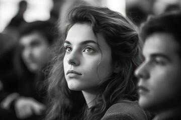Closeup of a young woman intently listening to an engaging speaker. The image highlights her focused attention and interest, emphasizing the power of compelling communication, generative ai
