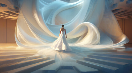 Ethereal bride surrounded by swirling silk textiles. Generative ai.