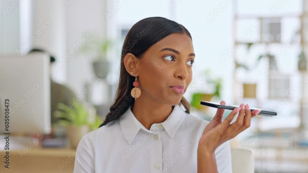Poster voice notes, audio talk and business woman with phone talking about a work schedule and networking. 