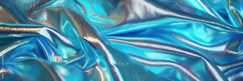 Poster iridescent wavy soft cloth textured blue holographic abstract background. synthwave. ai generative i