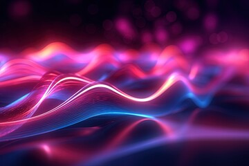 Abstract and alluring, this background features neon pink and blue glowing wave lines and bokeh lights, creating a sense of movement and representing the concept of high-speed data transfer. Wallpaper