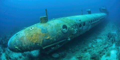 Sunken submarine wreck underwater.  AI generative illustration.