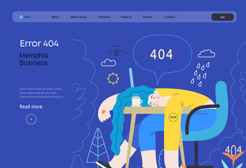 Memphis business illustration. Error 404 -modern flat vector concept illustration of page Error 404 - hopeless woman at the desk. Page not found metaphor. Corporate business sales concept