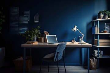 Home office featuring a laptop, office supplies, tools, notes, books, and a wall painted a deep blue. Homeschooling as an idea. modern, artistic workstation. Generative AI