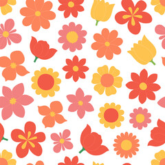 Fototapeta premium Seamless pattern with colorful flowers. Floral background with different flower heads. Botanical texture. Vector flat illustration on white
