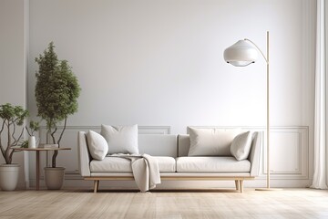 Illustration background mock up template for a modern living room with a wood floor and a blank white wall. Generative AI