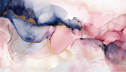 Blush, navy, rose gold, pale pink alcohol ink abstract background with ink cracks, ink splashes and gold glitter. Luxury background design.