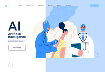 Artificial intelligence, Medicine -modern flat vector concept illustration of AI auscultating patient with stethoscope. Human doctor nearby. Metaphor of AI advantage, superiority and dominance concept
