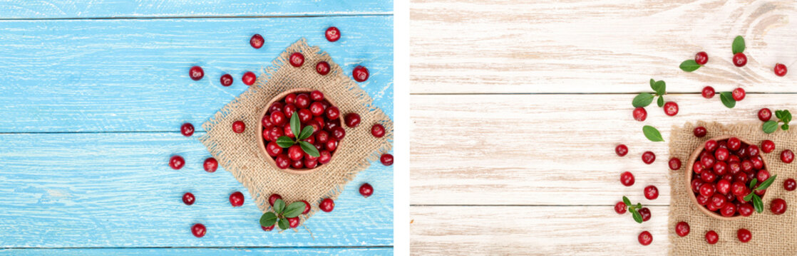 Cranberry with leaf in bowl on wooden background with copy space for your text. Top view