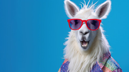  A lama with red glasses in a trendy colorful vintage jacket. Abstract, creative, illustrated, minimal portrait of a wild animal with glasses dressed up as a man in vibrant clothes. Generative AI