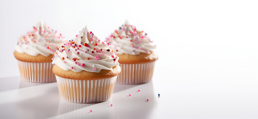 Creative food composition. Butter cupcake muffin with cream frosting sprinkles on white background. Template for product presentation display. copy text space banner	
