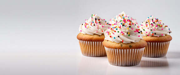 Creative food composition. Butter cupcake muffin with cream frosting sprinkles on white background. Template for product presentation display. copy text space banner	
