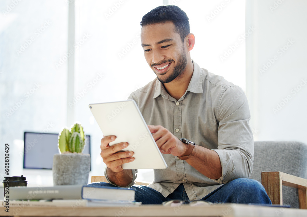 Poster business man, tablet and email of a web analyst checking online research with a smile. office chair,