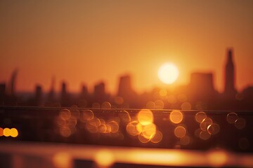 Summer sun blur golden hour hot sky at sunset with city rooftop view in the background fuzzy urban warm bright heat wave lights skyline heatwave bokeh for evening party. Generative AI - obrazy, fototapety, plakaty
