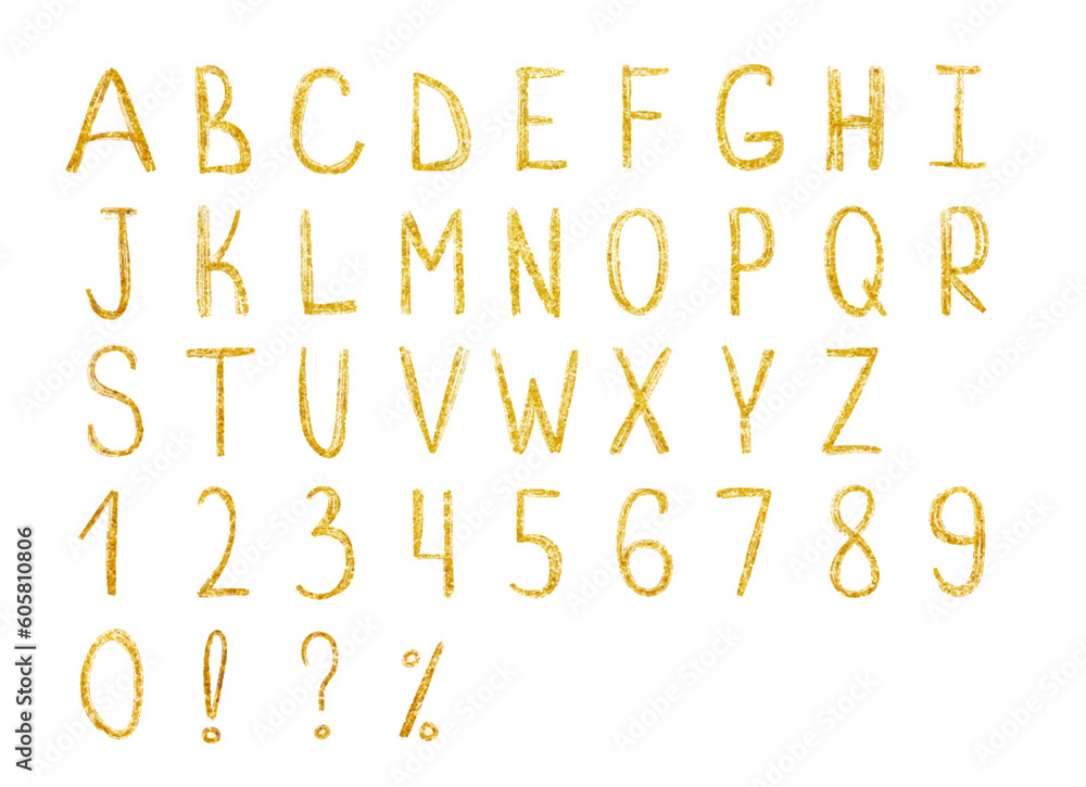 Fototapete handwritten glitter gold alphabet and numbers vector font. hand drawn brush script letters. stock ve