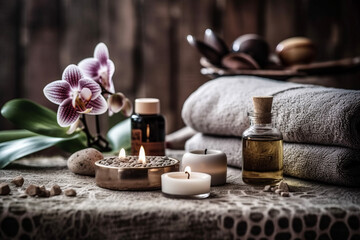 Aesthetic photo of a spa salon, showcasing a serene arrangement of towels, spa oil, and wooden table for indulgent beauty treatments, ai-generated