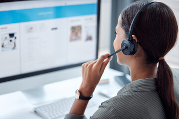Call center, telemarketing and back of female consultant working on online consultation in the office. Customer service, contact us and saleswoman planning crm with headset and computer in workplace.