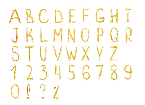 Handwritten Glitter Gold alphabet and numbers vector font. Hand drawn brush script letters. Stock vector lettering typography