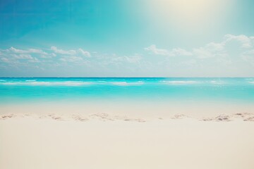 Obraz premium Summer season blur tropical nature clean beach and white sand with sun bright blue sky backdrop. Generative AI