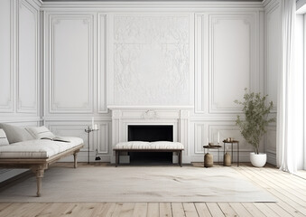 room with fireplace, place for painting, 3d rendering
