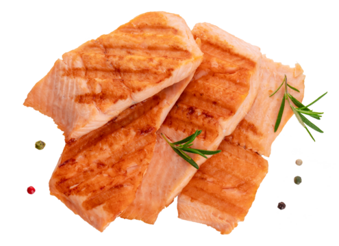 Grilled red fish fillet with rosemary branch isolated on transparent background png. Cooked fish with pepper mix. 