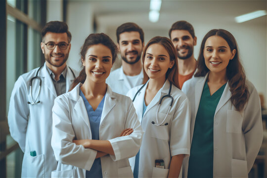 doctors in uniforms standing in hospital, medical workers smiling team, male and female doctors portrait looking at camera, created with Generative AI