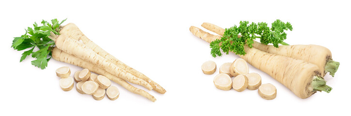 Parsley root with slices and leaves isolated on white background
