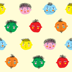 Seamless Vector Pattern with Abstract Happy Colorful People with Various Hair Style. Hand Drawn Vector Cartoon Human Faces. Contemporary Style Print with People Cartoon Characters.Trendy Modern Print.