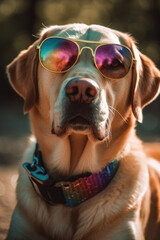 Obraz na płótnie Canvas Portrait of Golden Retriever with in sunglasses outside. Generative AI